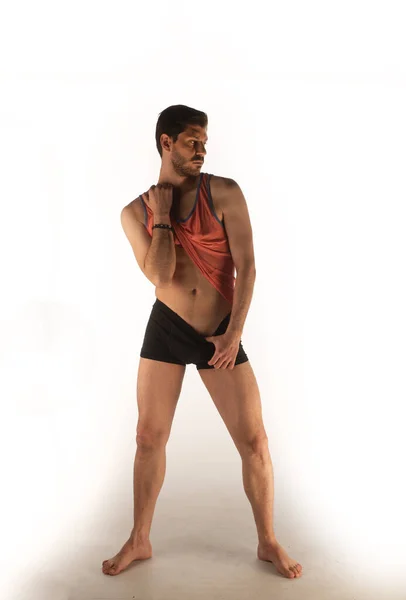 Naked Man Underwear Posing White Mat Studio — Stockfoto