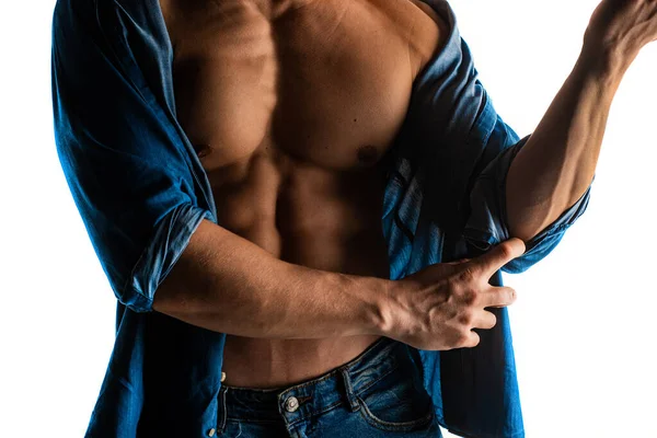 Attractive Handsome Strong Guy Fixing His Shirt Close — Stock Photo, Image