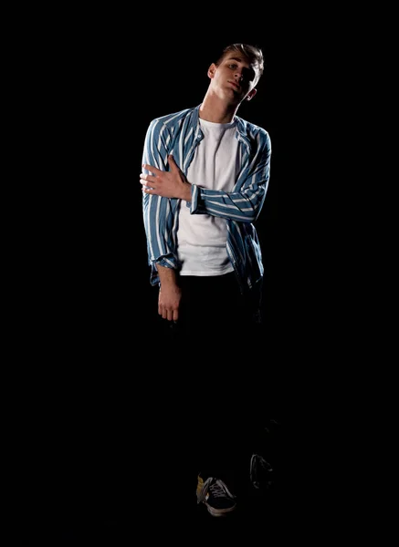 Cool Young Man Dressed Stripe Shirt White Top Posing Black — Stock Photo, Image