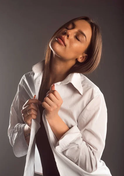 Sexy Girl Posing Sexy Clothing Isolated Dark Background — Stockfoto