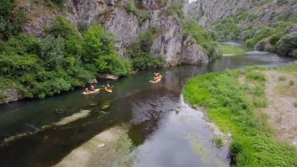 4組の友人が一緒に素晴らしい時間を過ごしている間に山の川でカヤックをしています — ストック動画
