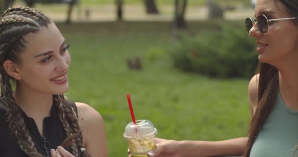 Dwie Dziewczyny Siedzą Ławce Rozmawiają Parku Słoneczny Dzień Pijąc Koktajl — Wideo stockowe