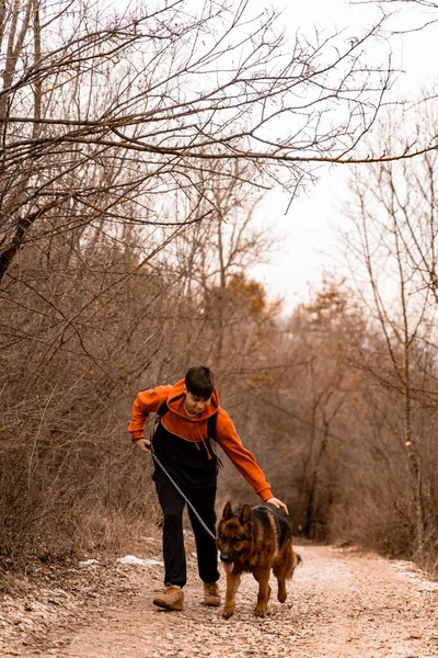 Handsome Amazing Guy Enjoying His Walk His Dog Forest — Stock Photo, Image