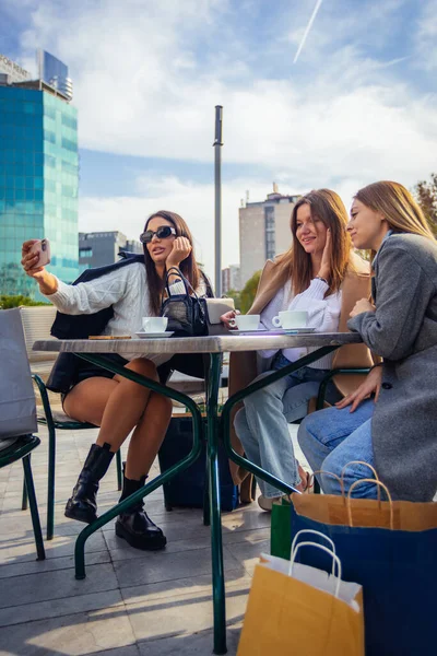 Three Sexy Girls Having Coffee Time Shopping Mall One Them — Stock Photo, Image