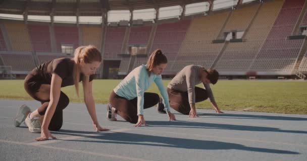 Three People Exercising Fast Start Running Track Stadium Morning — Stock Video