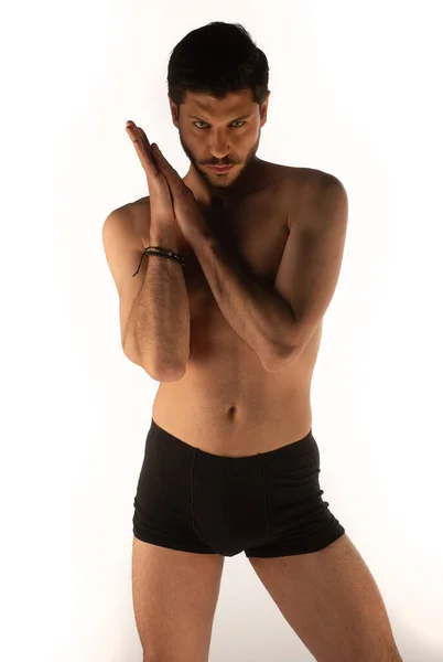 Attractive Sexy Man Studio Making Seductive Poses Touching Himself — Stock Photo, Image