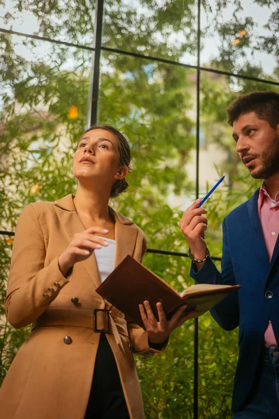 Male Business Guy Giving Idea His Female Partner Doesn What — Stock Photo, Image