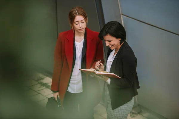 Close Duas Mulheres Negócios Bonitas Olhando Para Notas Enquanto Estava — Fotografia de Stock
