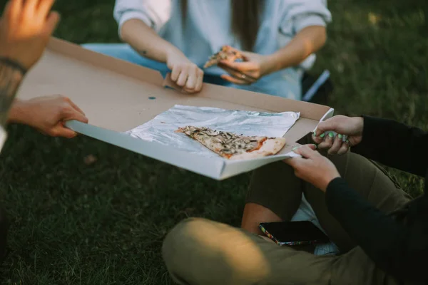 Arkadaşların Parkta Otururken Son Pizza Dilimi Için Kavga Ediyorlar — Stok fotoğraf