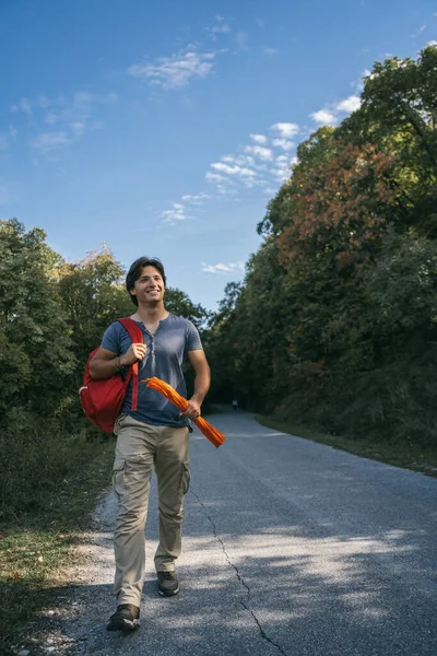 Handsome Hiker Red Bag Posing Road — Stockfoto