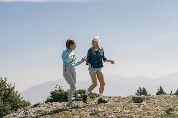 Two Beautiful Hike Girls Walking Talking Mountain — Photo
