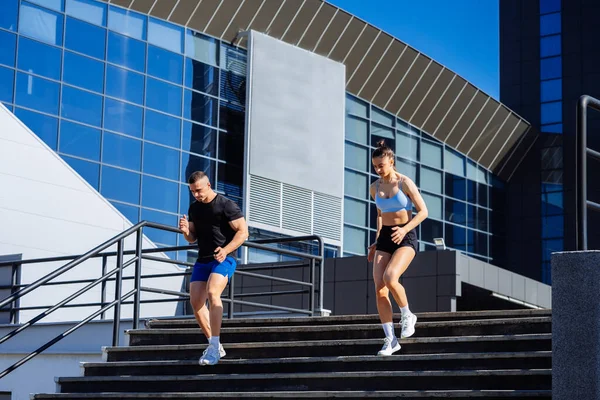Lovely Couple Using Stairs Front Sports Center Exercise Stamina Running — Foto de Stock