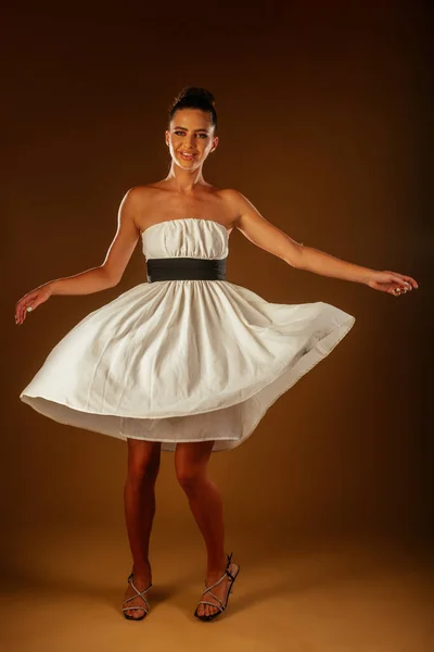 Smiley Girl White Outfit Waving Skirt — Foto de Stock