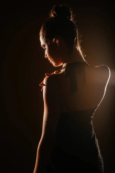 Girl Wearing Black Sparkling Overalls Doing Photo Shoot Studio She — Stock Photo, Image