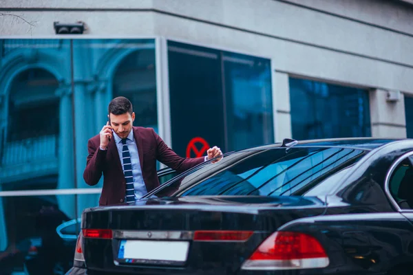 Entrepreneur Businessman Standing Urban Area Wearing Suit Tie Next His — Stock Photo, Image