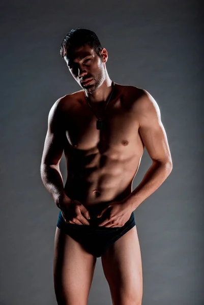 Studio Body Shot Attractive Man Posing Half Naked Underwear — Stock Photo, Image