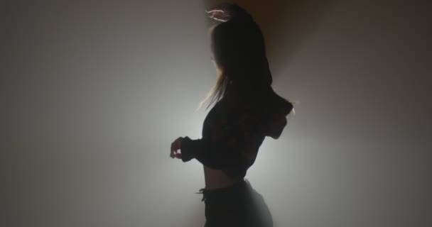 Silhouette Fille Dansant Sensuellement Studio Avec Fumée — Video