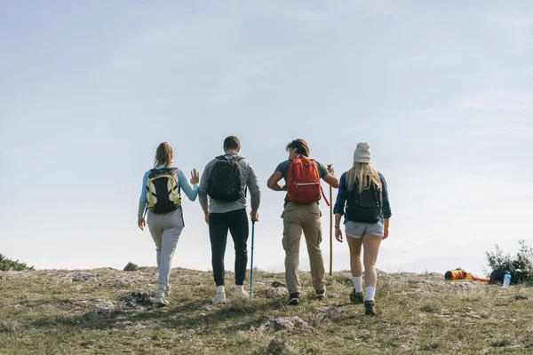 Quatro Melhores Amigos Caminhando Topo Montanha — Fotografia de Stock