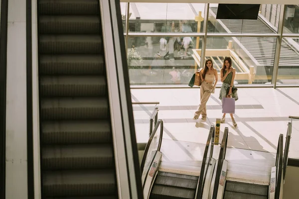 Two Cute Shopping Girls Standing Shopping Bags Mall Escalator — ストック写真