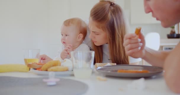 Close Cute Little Family Three Eating Together Dining Table Dining — Stockvideo