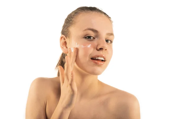 Gorgeous Young Girl Putting Moisturizing Cream Her Face Isolated White — Stock Photo, Image