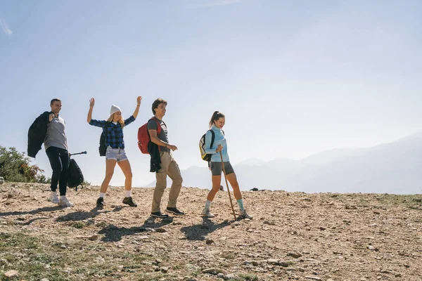 Four hiking people having fun while standing on the mountain
