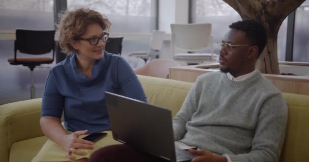 Two Ethnically Diverse Colleagues Working Together Project Discussing While Relaxing — Stockvideo