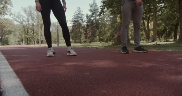 Pareja Joven Preparándose Para Correr Pista Carreras Parque Otoño Ángulo — Vídeo de stock