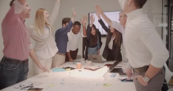 Happy Friends Raising Hands Gesture Hope Success Positive Development Teamwork — Stock video