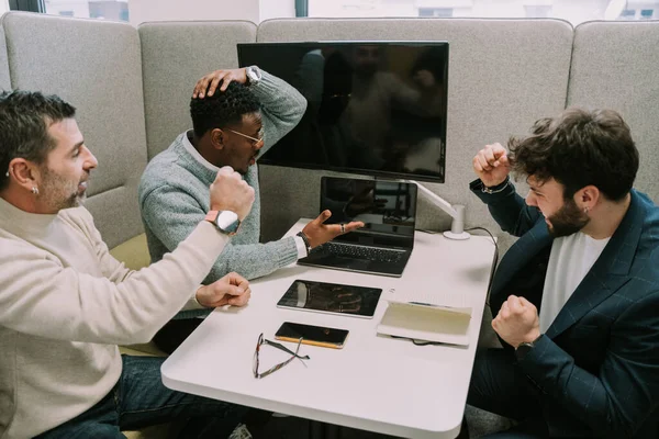 Three High Skilled Multiracial Programmers Cannot Believe Code Run Successfully — Stock Photo, Image