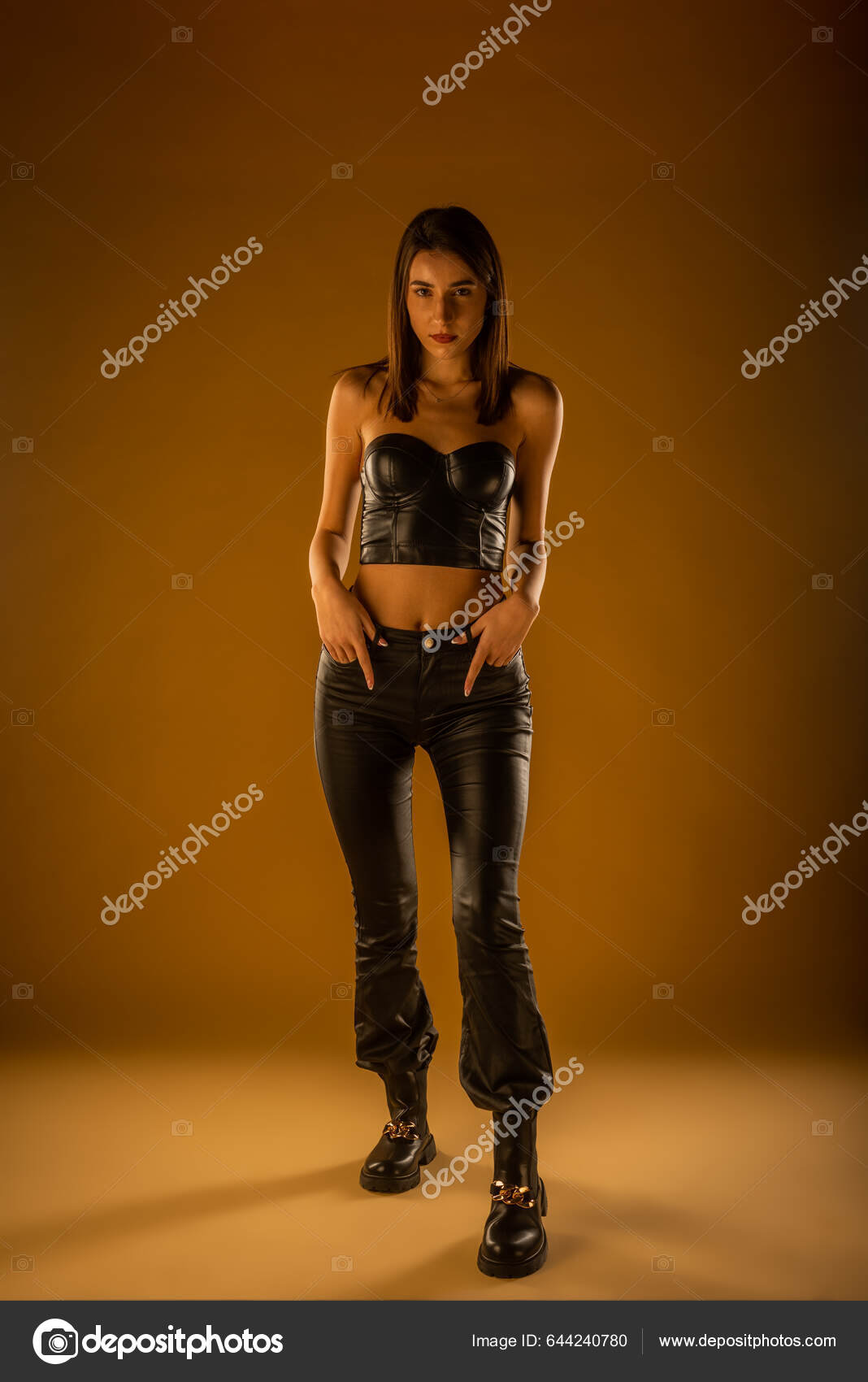 Brunette Sexy Girl Standing Studio Black Leather Top Pants Boots Stock  Photo by ©gorgev 644240780