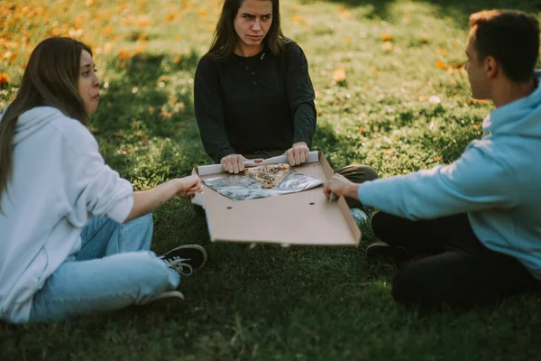 Друзья Ссорятся Последнего Кусочка Пиццы Сидя Парке — стоковое фото