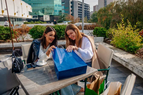 Mutlulukla Dolu Çekici Kızlar Alışveriş Çantasına Bakıyorlar Alışveriş Merkezinde Bir — Stok fotoğraf
