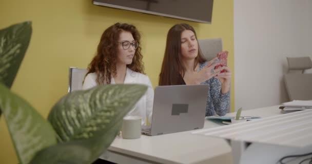 Zwei Managerinnen Besprechen Gemeinsam Details Eines Projekts Während Sie Das — Stockvideo