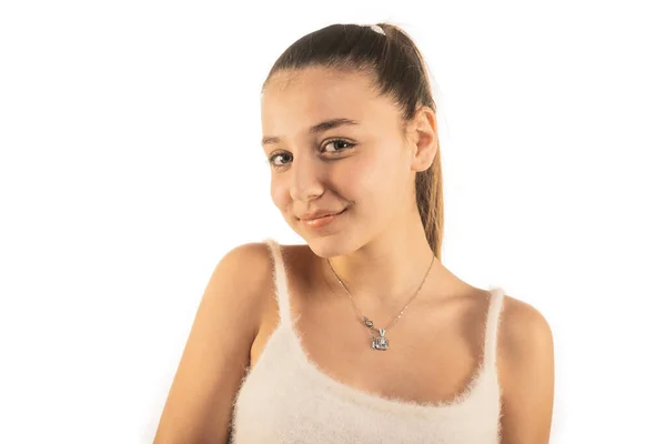 Chica Joven Parte Superior Lanudo Sonriendo Aislado Sobre Fondo Blanco — Foto de Stock