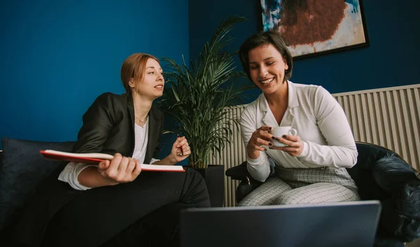 Δύο Καταπληκτικές Γυναίκες Επιχειρηματίες Χαμογελούν Ενώ Εργάζονται Στο Καφέ — Φωτογραφία Αρχείου