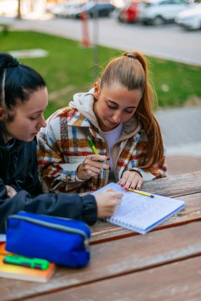 在阳光明媚的一天 一位时髦的女高中生放学后正在帮她的朋友做功课 — 图库照片