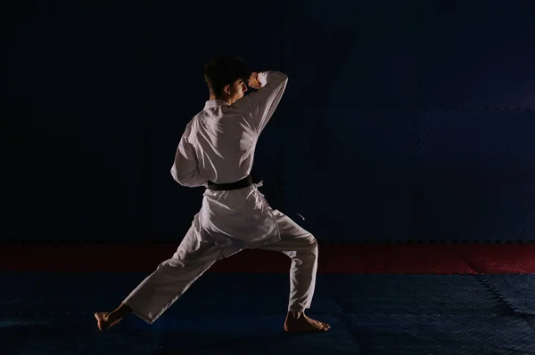 Silhouette Young Karatist Black Belt Doing Age Uki Pose Studio — Stock Photo, Image