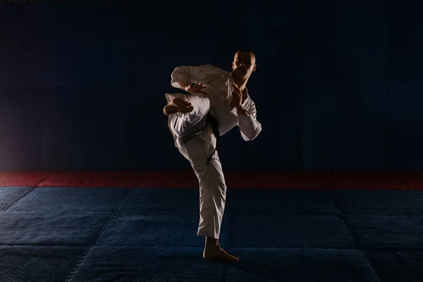 Silhouette Egy Fiatal Karatista Fekete Öves Csinál Mae Geri Karate — Stock Fotó