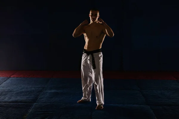 Silueta Guapo Karatista Con Cinturón Negro Posando Estudio Karate — Foto de Stock