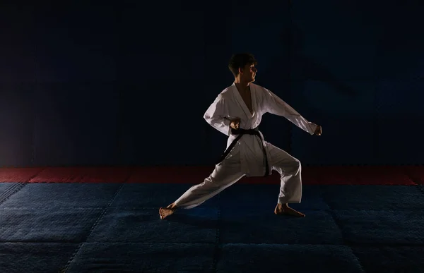 Junger Mann Mit Kimono Und Schwarzem Gürtel Posiert Karate Studio — Stockfoto
