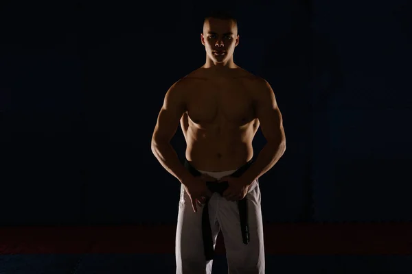 Närbild Silhuett Stilig Ung Man Poserar Karate Studio — Stockfoto