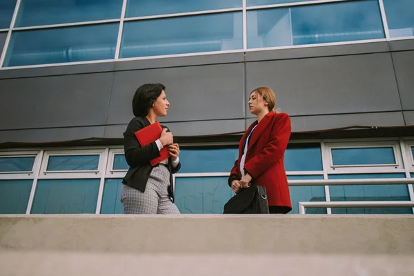 Zwei Schöne Geschäftsfrauen Unterhalten Sich Stehen Der Nähe Des Gebäudes — Stockfoto