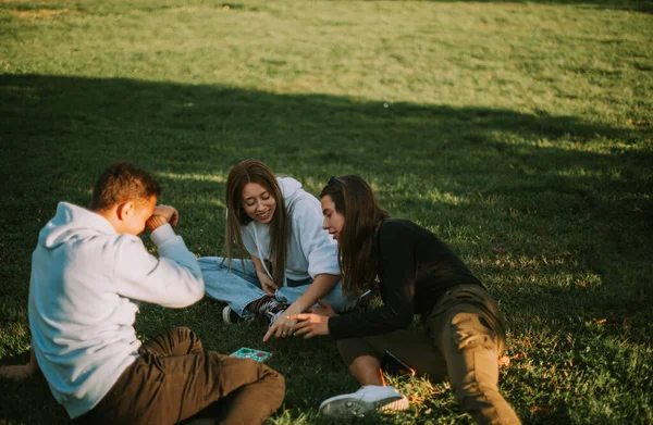 Tři Šťastní Přátelé Hrají Ludo Parku Zatímco Sedí Trávě — Stock fotografie