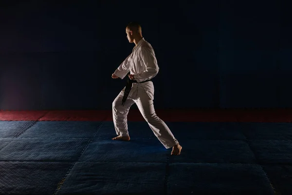 Junger Mann Mit Schwarzem Gürtel Posiert Karate Studio Beim Zenkutsu — Stockfoto