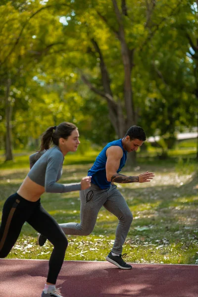 Stock image Young couple jogging together in nature, on a sports track and sunny day