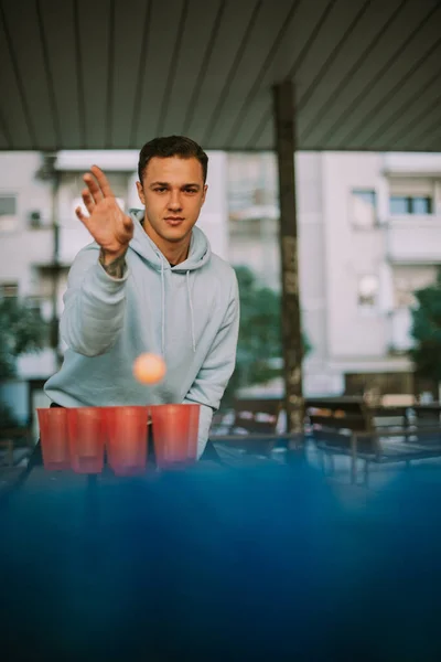Close Handsome Boy Throwing Ball Cups — Stock Photo, Image