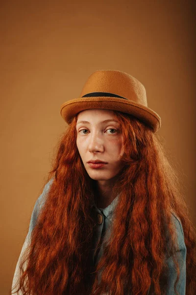 Porträt Einer Süßen Ingwermädchen Posiert Studio Mit Ihrem Hut Auf — Stockfoto