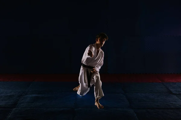 Silhuett Ung Man Som Gör Zenkutsu Dachi Posera Karate Studio — Stockfoto