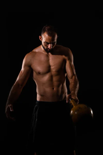 Handsome Topless Guy Put Dumbbell Can Take Some Break Training — Stock Photo, Image